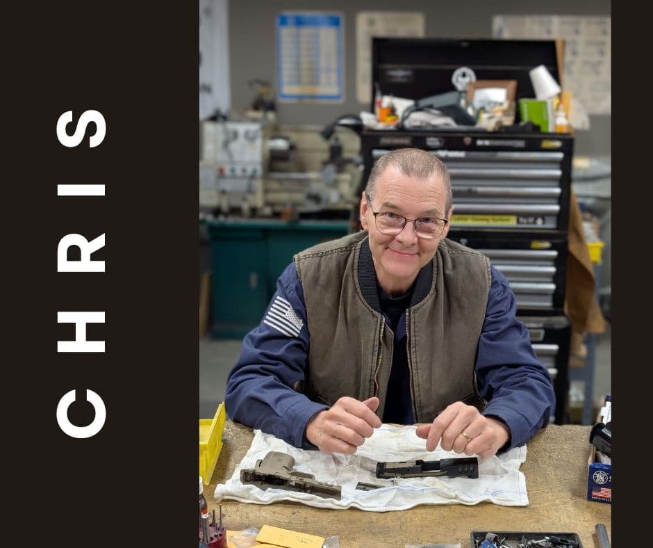 Chris, Marc-On’s gunsmith, at the in-house service bench